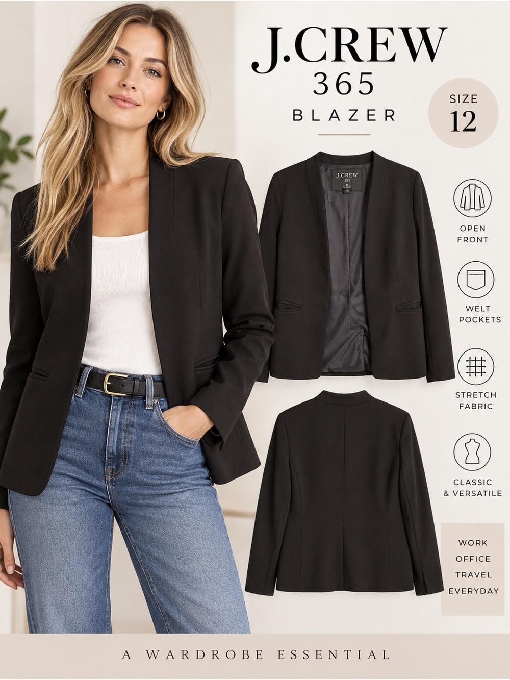 J. Crew 365 Black Open Front Blazer Size 12 Stretch Career Workwear